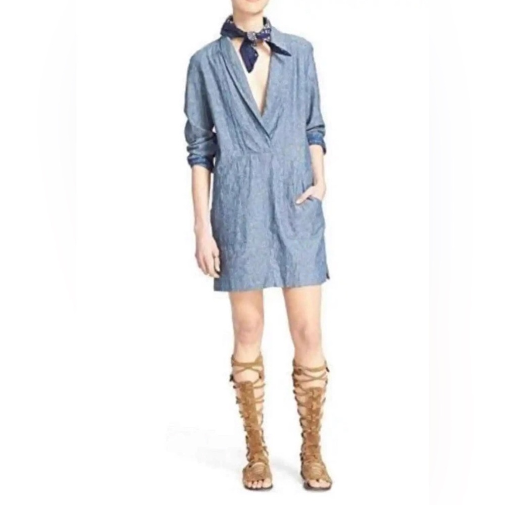 Free People | Chambray Wrap Linen-Cotton Mini Dress | size medium